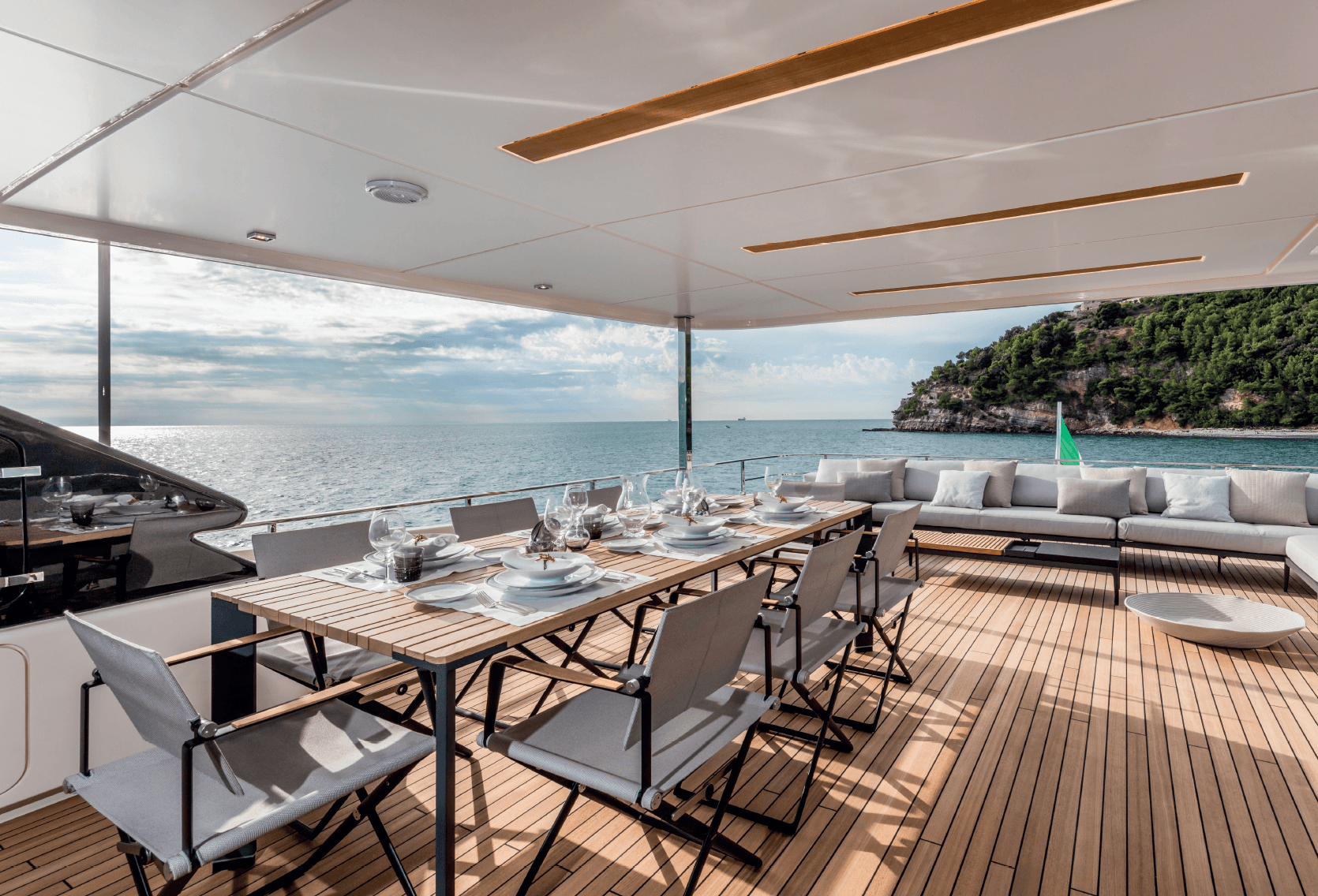 Luxury yacht interior design - elegant dining room with sophisticated lighting