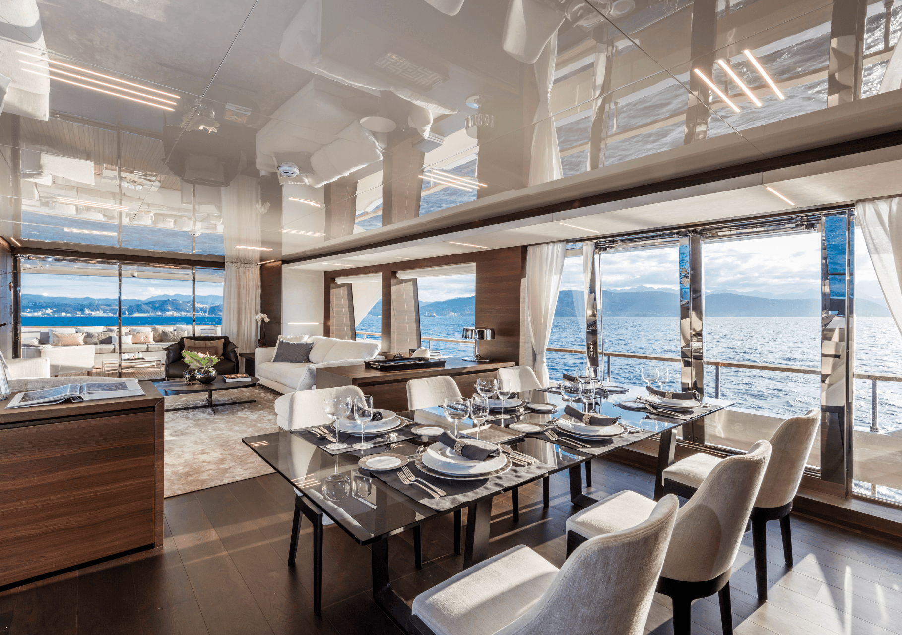 Luxury yacht interior design - elegant dining room with sophisticated lighting